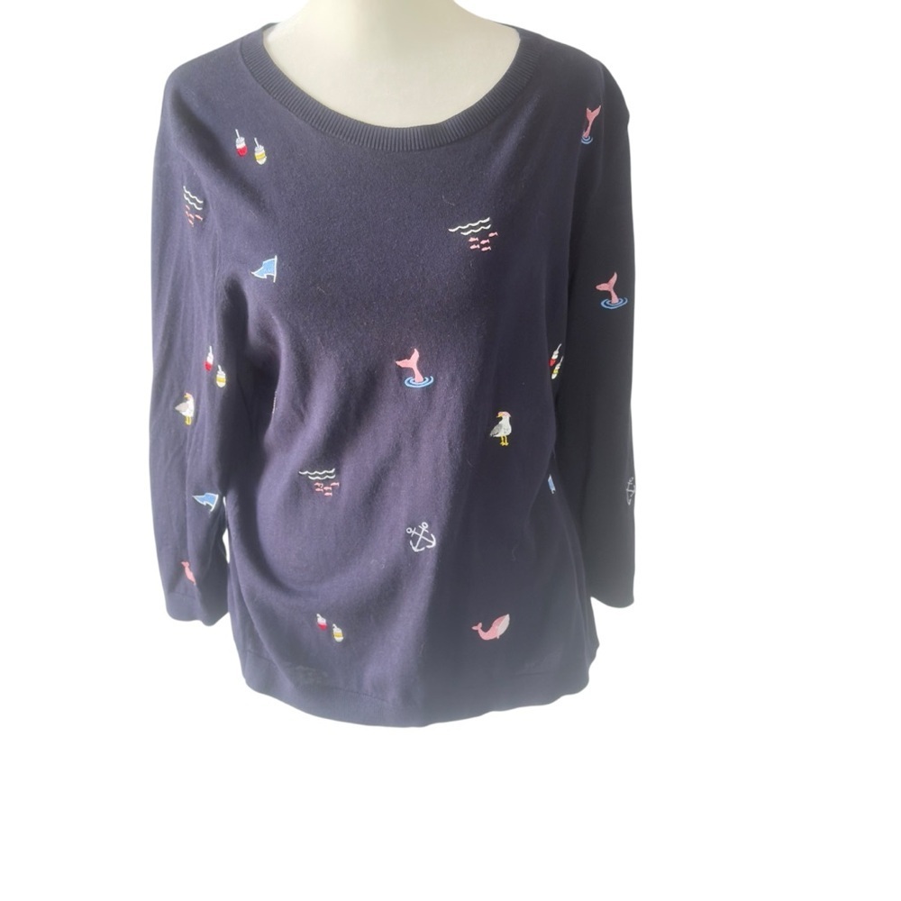 Talbots Three Quarter Sleeve Nautical Embroidered Sweater - Picture 2 of 8